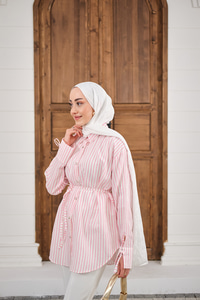 Çizgi Desenli Sim Detay Gömlek Pembe