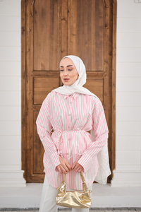 Çizgi Desenli Sim Detay Gömlek Pembe