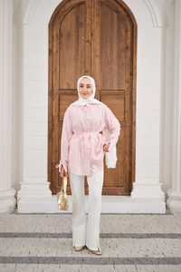 Çizgi Desenli Sim Detay Gömlek Pembe