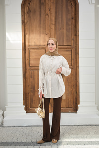 Çizgi Desenli Sim Detay Gömlek Vizon