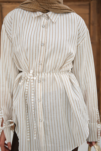 Çizgi Desenli Sim Detay Gömlek Vizon