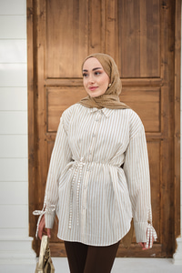 Çizgi Desenli Sim Detay Gömlek Vizon