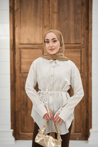 Çizgi Desenli Sim Detay Gömlek Vizon