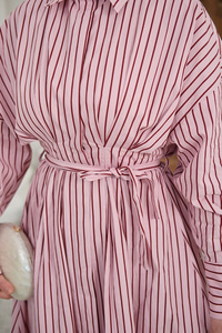 Çizgi Detay Bel Bağlamalı Elbise Pembe