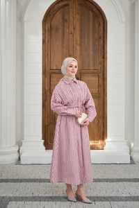 Çizgi Detay Bel Bağlamalı Elbise Pembe