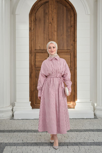 Çizgi Detay Bel Bağlamalı Elbise Pembe