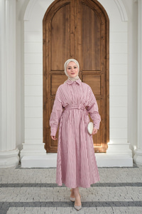 Çizgi Detay Bel Bağlamalı Elbise Pembe