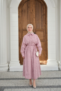 Çizgi Detay Bel Bağlamalı Elbise Pembe