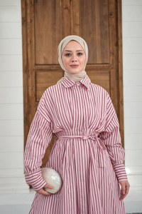 Çizgi Detay Bel Bağlamalı Elbise Pembe