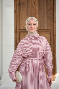 Çizgi Detay Bel Bağlamalı Elbise Pembe