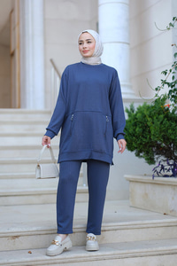 Çizgi Detay İkili Takım Saks Mavi