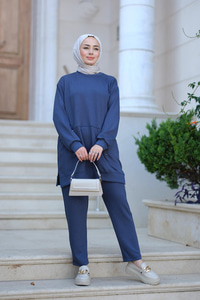 Çizgi Detay İkili Takım Saks Mavi