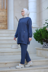 Çizgi Detay İkili Takım Saks Mavi