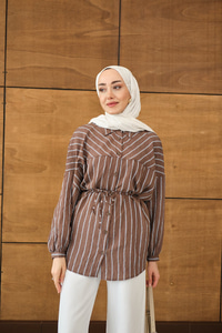 Çizgi Detaylı Salaş Gömlek Acı Kahve