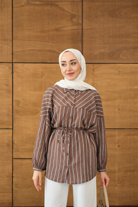 Çizgi Detaylı Salaş Gömlek Acı Kahve