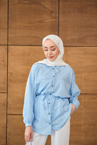 Çizgi Detaylı Salaş Gömlek Bebe Mavi