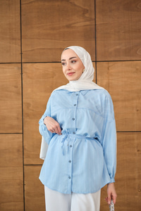 Çizgi Detaylı Salaş Gömlek Bebe Mavi