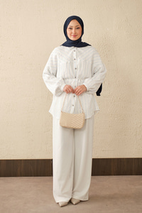 Çizgi Detaylı Salaş Gömlek Beyaz