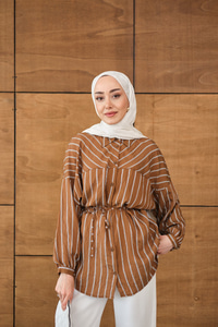 Çizgi Detaylı Salaş Gömlek Kahverengi