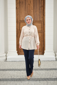 Çizgi Detaylı Salaş Gömlek Krem