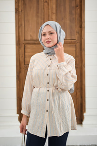 Çizgi Detaylı Salaş Gömlek Krem