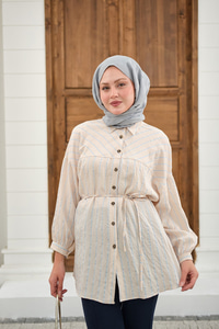 Çizgi Detaylı Salaş Gömlek Krem