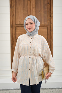 Çizgi Detaylı Salaş Gömlek Krem