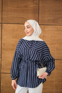 Çizgi Detaylı Salaş Gömlek Lacivert