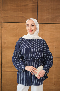 Çizgi Detaylı Salaş Gömlek Lacivert