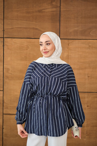 Çizgi Detaylı Salaş Gömlek Lacivert