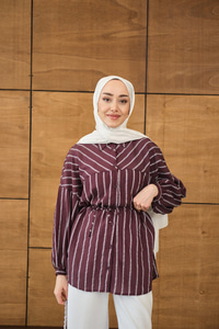 Çizgi Detaylı Salaş Gömlek Mürdüm