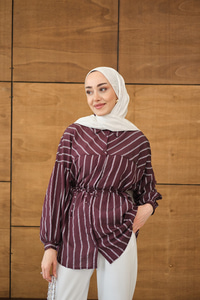 Çizgi Detaylı Salaş Gömlek Mürdüm