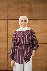 Çizgi Detaylı Salaş Gömlek Mürdüm