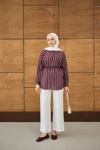 Çizgi Detaylı Salaş Gömlek Mürdüm