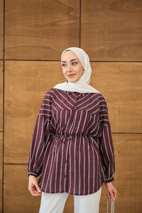 Çizgi Detaylı Salaş Gömlek Mürdüm