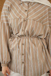 Çizgi Detaylı Salaş Gömlek Vizon