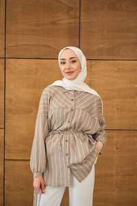 Çizgi Detaylı Salaş Gömlek Vizon