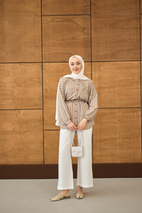 Çizgi Detaylı Salaş Gömlek Vizon