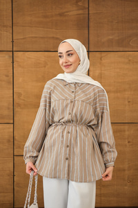 Çizgi Detaylı Salaş Gömlek Vizon