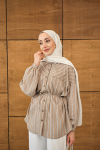 Çizgi Detaylı Salaş Gömlek Vizon