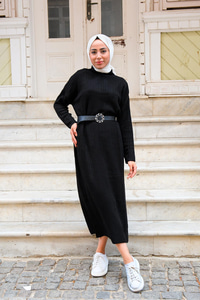 CIZGI DETAYLI TRIKO ELBISE SIYAH