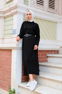 CIZGI DETAYLI TRIKO ELBISE SIYAH