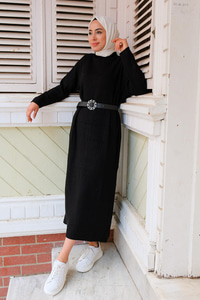 CIZGI DETAYLI TRIKO ELBISE SIYAH