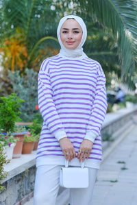 Çizgi Detaylı Tunik  Lila