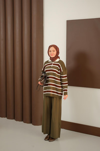 Çizgi Düğme Detay Takım Haki Yeşil