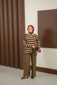 Çizgi Düğme Detay Takım Haki Yeşil