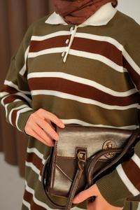 Çizgi Düğme Detay Takım Haki Yeşil