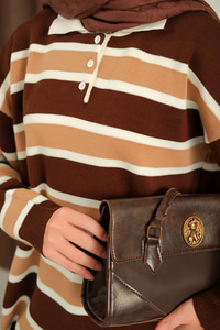 Çizgi Düğme Detay Takım Kahverengi