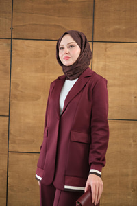 Çizgi Ribanalı Blazer Ceketli Takım Bordo