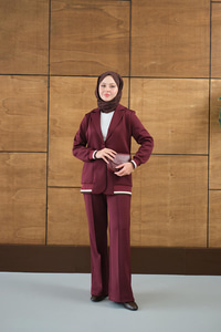 Çizgi Ribanalı Blazer Ceketli Takım Bordo